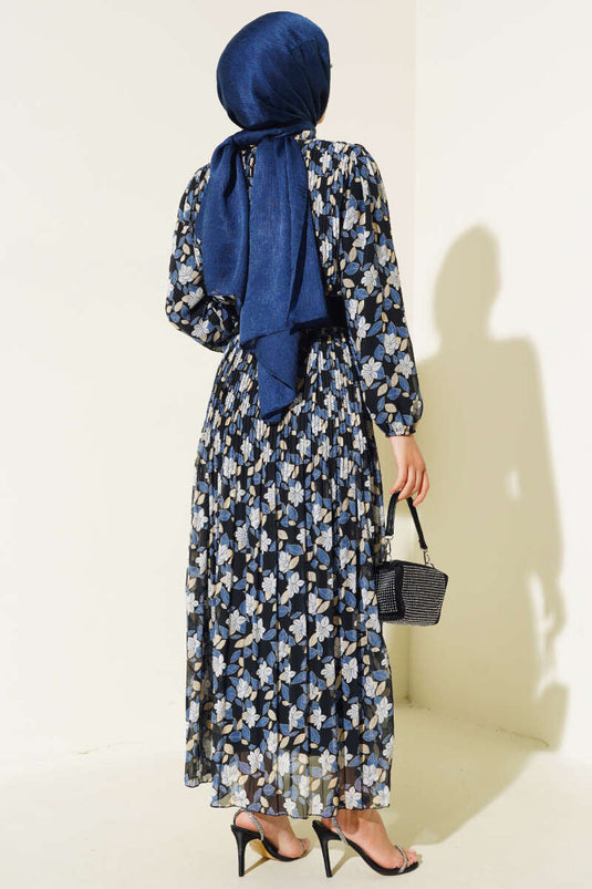 Indigo Belted Pleated Chiffon Dress