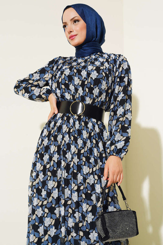 Kemerli Piliseli Şifon Elbise İndigo