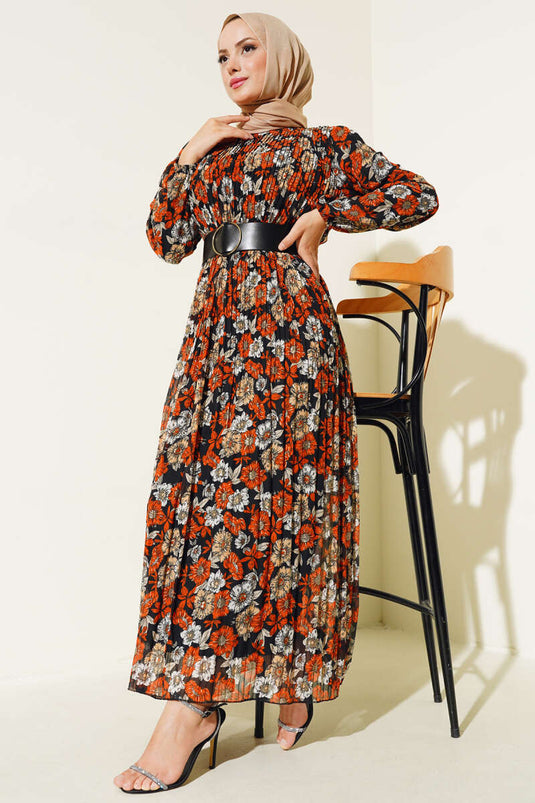 Belted Pleated Chiffon Dress Brick