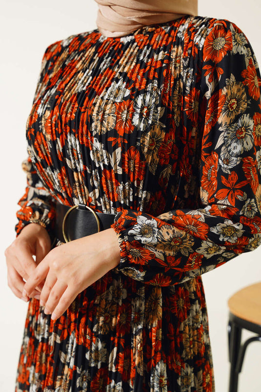 Belted Pleated Chiffon Dress Brick