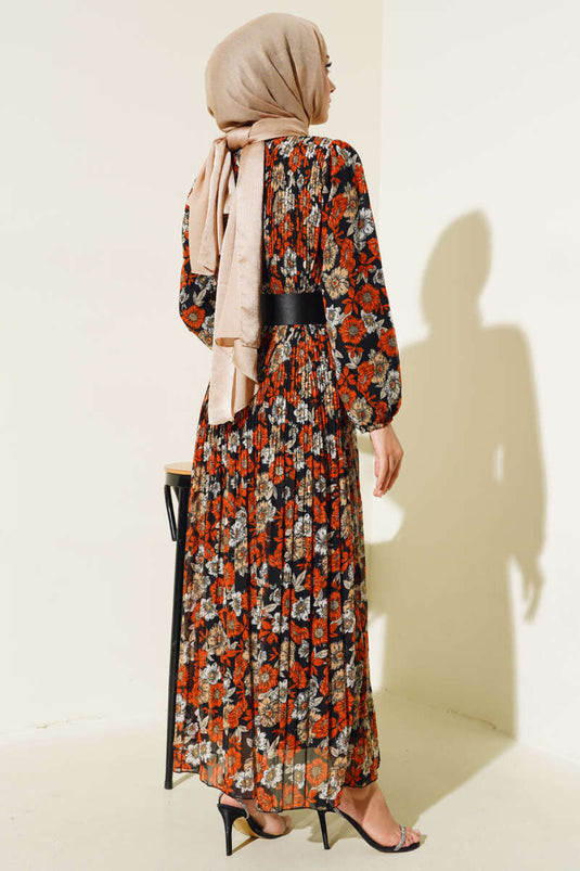 Belted Pleated Chiffon Dress Brick