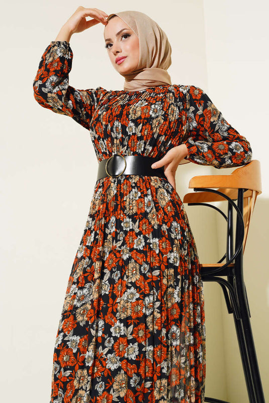 Belted Pleated Chiffon Dress Brick