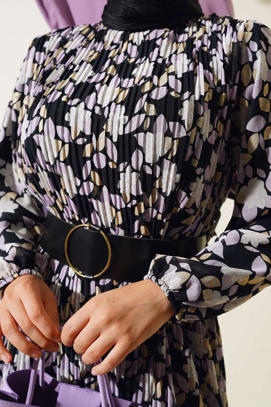 Belted Pleated Chiffon Dress Lilac