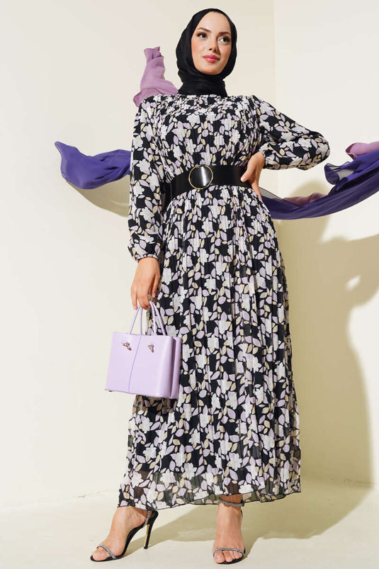 Belted Pleated Chiffon Dress Lilac