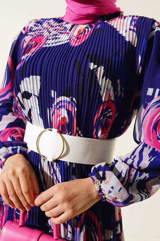 Belted Pleated Chiffon Dress Purple