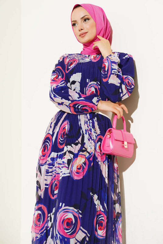 Belted Pleated Chiffon Dress Purple