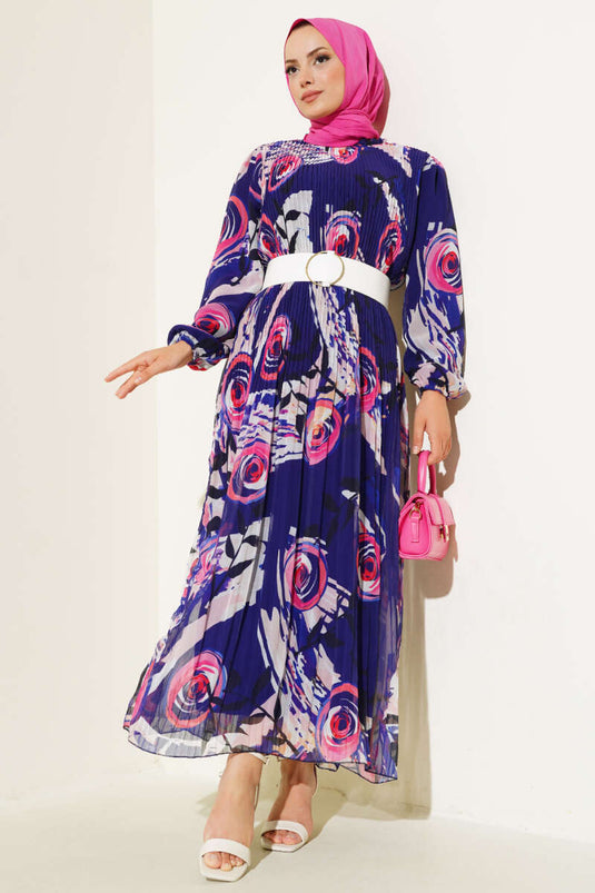 Belted Pleated Chiffon Dress Purple