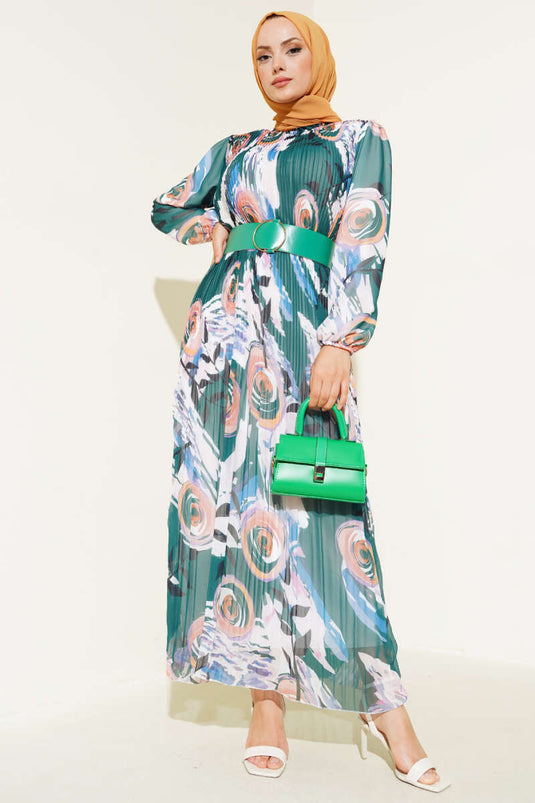 Belted Pleated Chiffon Dress Forest Green