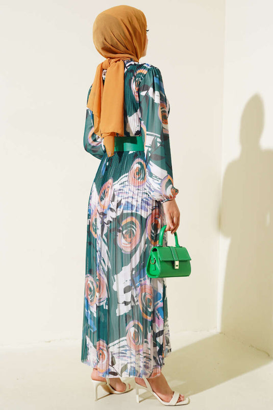 Belted Pleated Chiffon Dress Forest Green