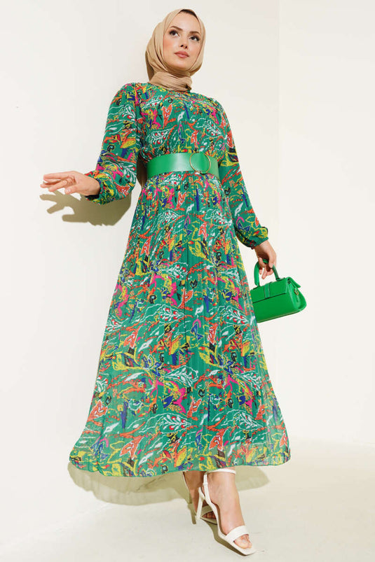 Belted Pleated Chiffon Dress Persian Green