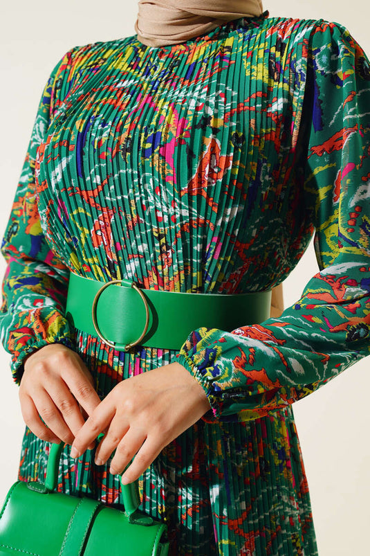 Belted Pleated Chiffon Dress Persian Green
