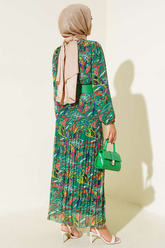 Belted Pleated Chiffon Dress Persian Green