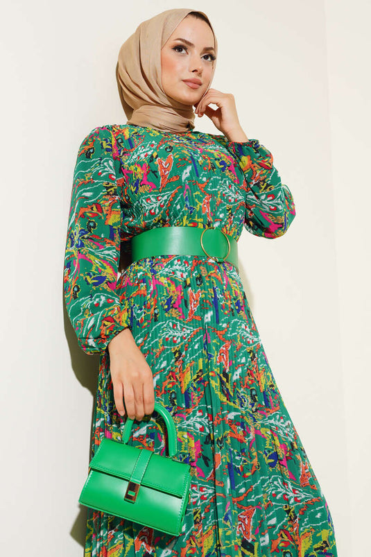 Belted Pleated Chiffon Dress Persian Green