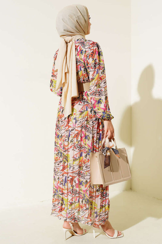 Belted Pleated Chiffon Dress Powder