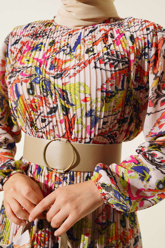 Belted Pleated Chiffon Dress Powder