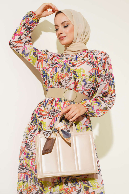 Belted Pleated Chiffon Dress Powder