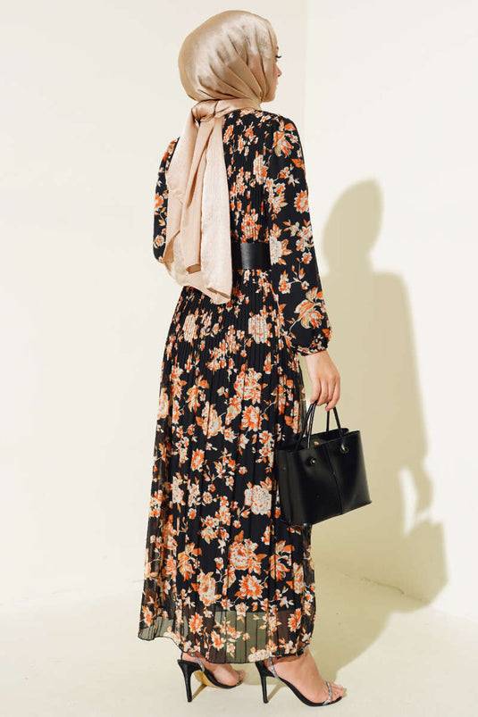 Belted Pleated Chiffon Dress Black