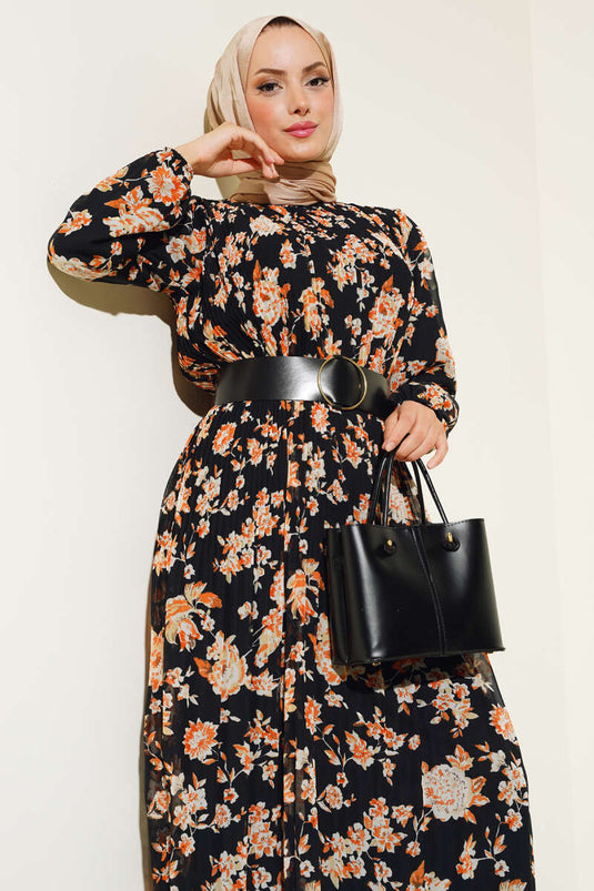 Belted Pleated Chiffon Dress Black