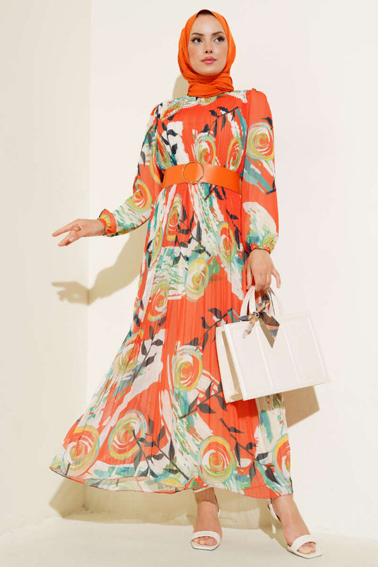 Orange Belted Pleated Chiffon Dress