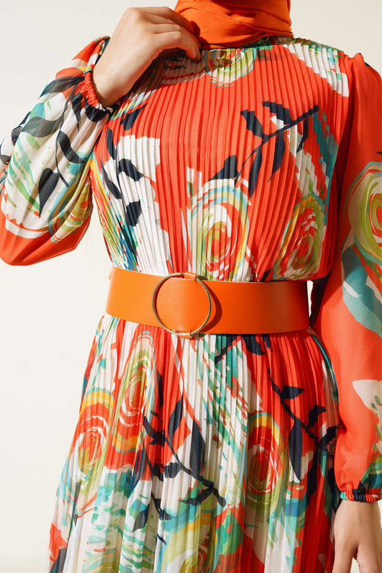 Orange Belted Pleated Chiffon Dress