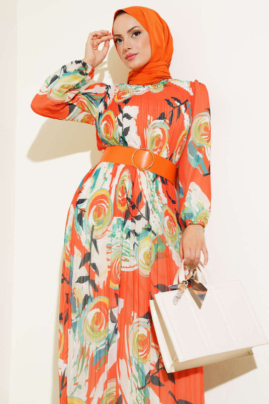 Orange Belted Pleated Chiffon Dress
