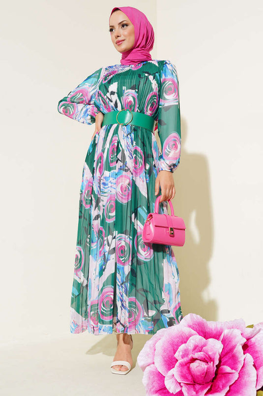 Belted Pleated Chiffon Dress Green