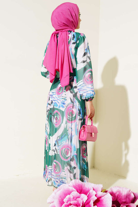 Belted Pleated Chiffon Dress Green