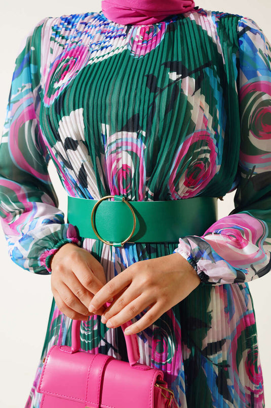 Belted Pleated Chiffon Dress Green