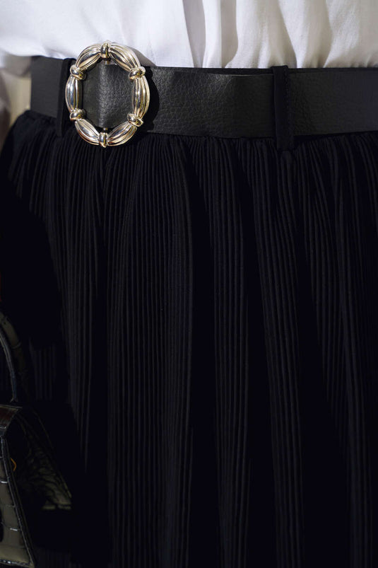 Kemerli Piliseli Şifon Etek Siyah