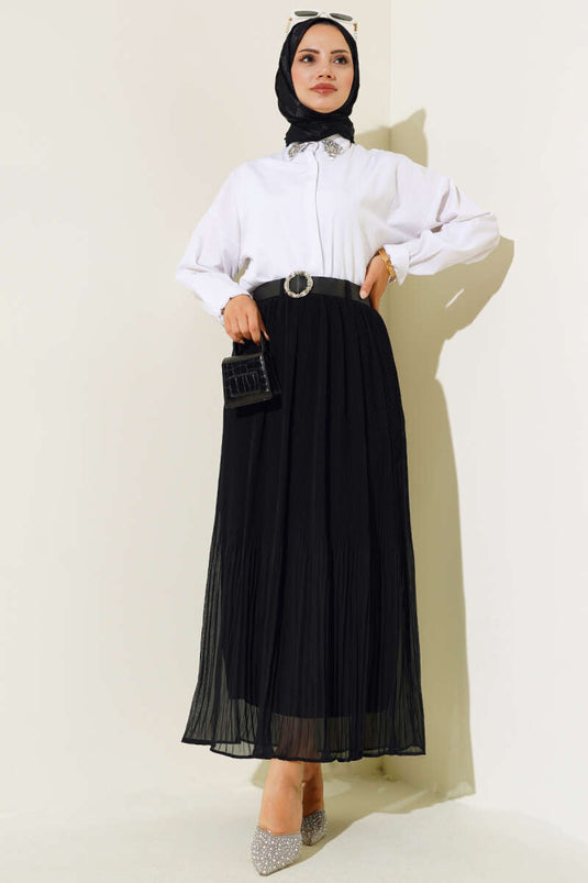 Gürtelrock aus plissiertem Chiffon Schwarz