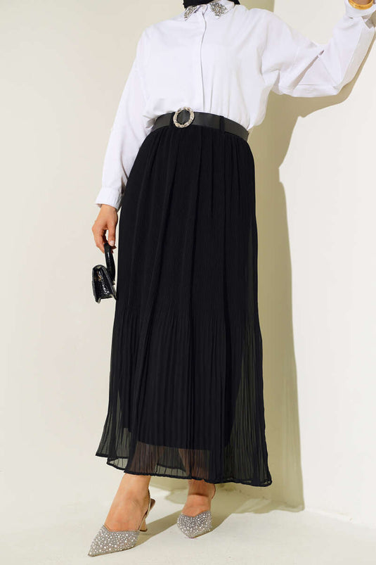 Kemerli Piliseli Şifon Etek Siyah