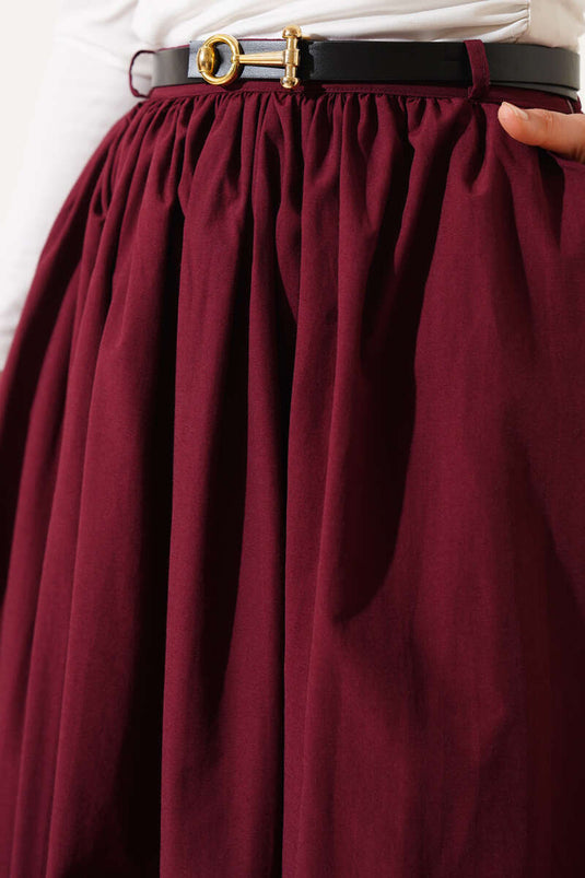 Kemerli Poplin Etek Bordo