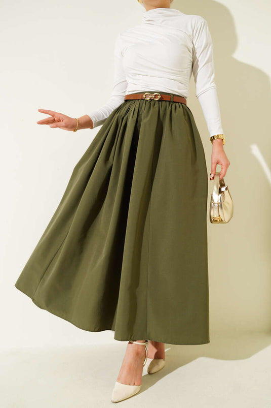 Kemerli Poplin Etek Haki