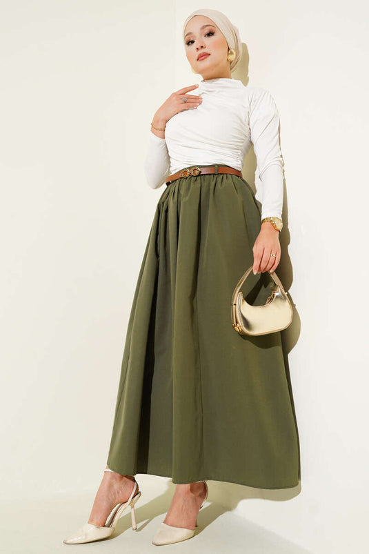 Kemerli Poplin Etek Haki