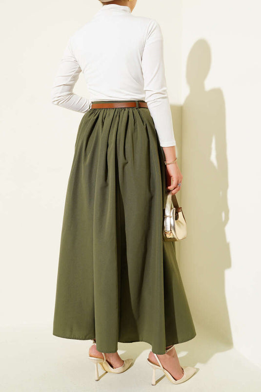 Kemerli Poplin Etek Haki