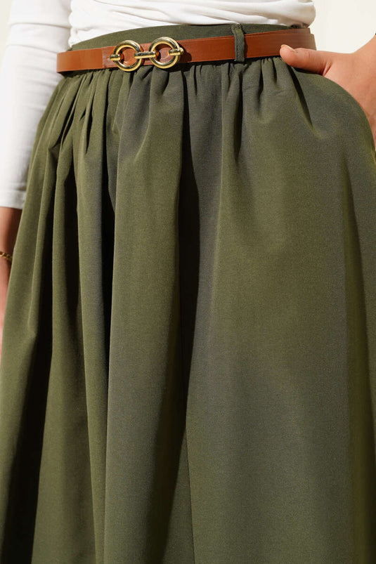 Kemerli Poplin Etek Haki