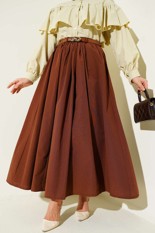 Kemerli Poplin Etek Kahve