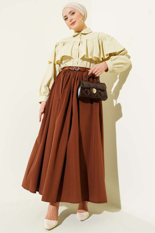Kemerli Poplin Etek Kahve