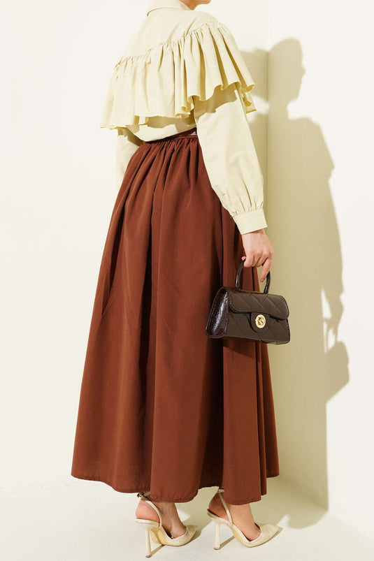 Kemerli Poplin Etek Kahve