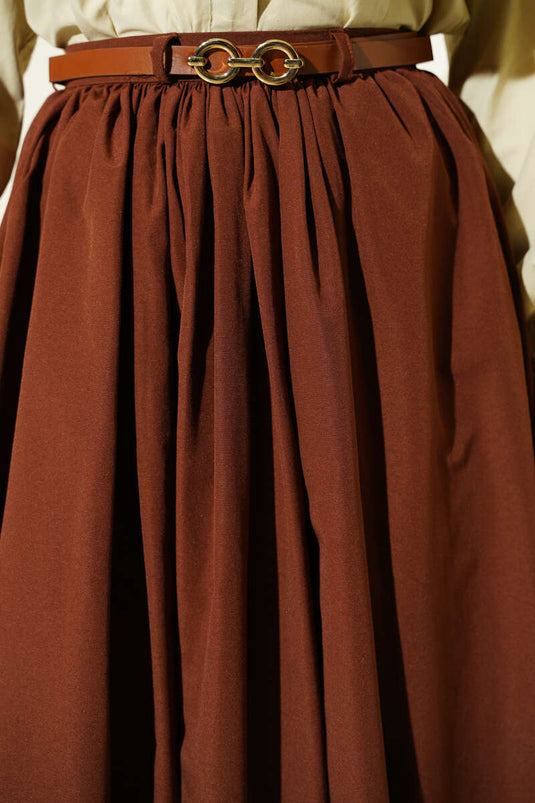 Kemerli Poplin Etek Kahve