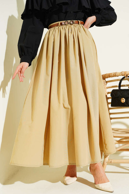 Kemerli Poplin Etek Kum Bej