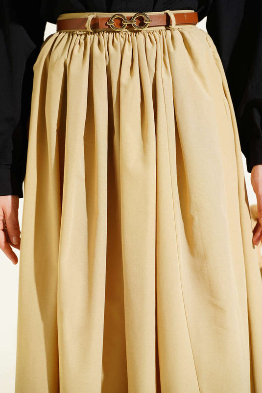 Kemerli Poplin Etek Kum Bej