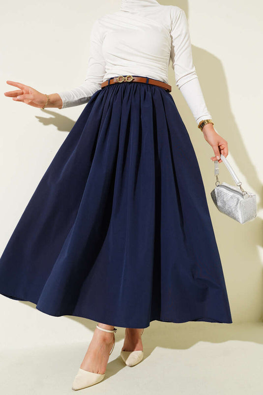 Kemerli Poplin Etek Lacivert