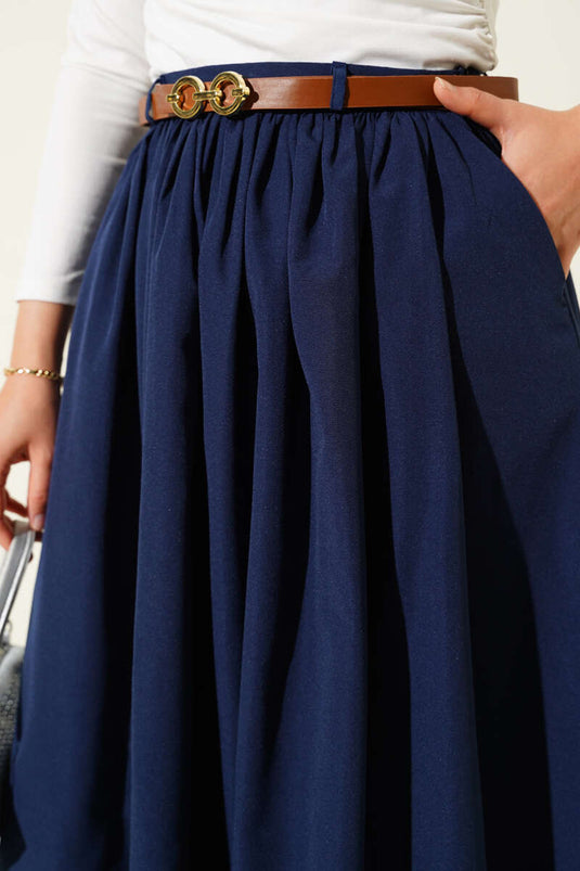 Kemerli Poplin Etek Lacivert