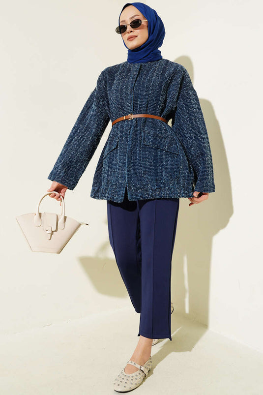 Veste en jean bleu marine à ceinture et barbe