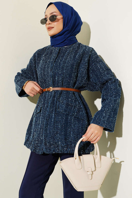 Veste en jean bleu marine à ceinture et barbe