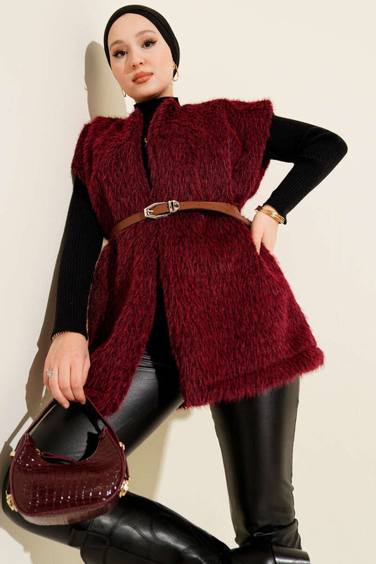 سترة ملتحية بحزام بلون عنابي