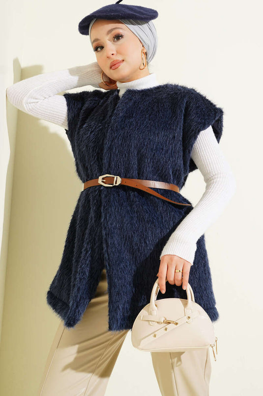 Belted Bearded Vest Navy Blue