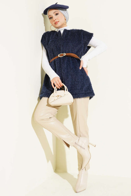 Belted Bearded Vest Navy Blue