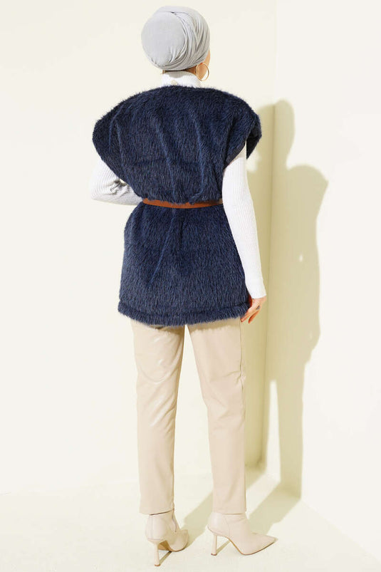 Belted Bearded Vest Navy Blue